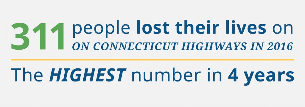 Graphic with statistic: "303 people lost their lives on Connecticut highways in 2018"