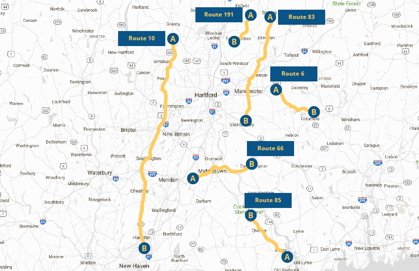 Map displaying various Connecticut highways