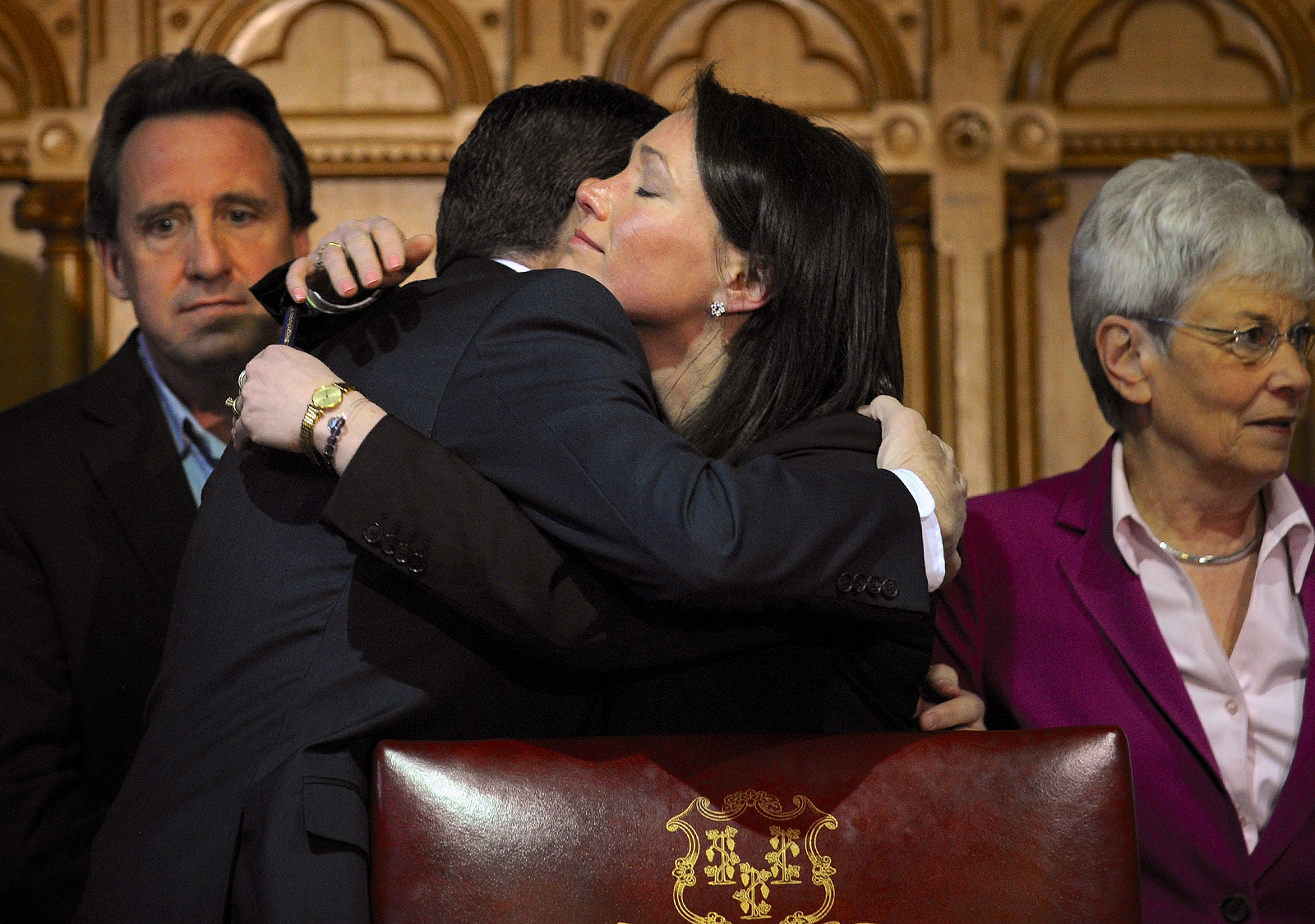 Governor Dan Malloy embraces Nicole Hockley, whose son was killed in the massacre at Sandy Hook Elementary along with 19 other first graders. 