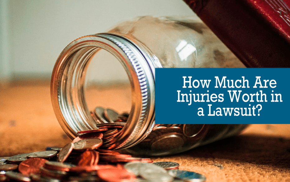 A glass jar spilling coins has a title written on it: "How Much Are Injuries Worth in a Lawsuit?"