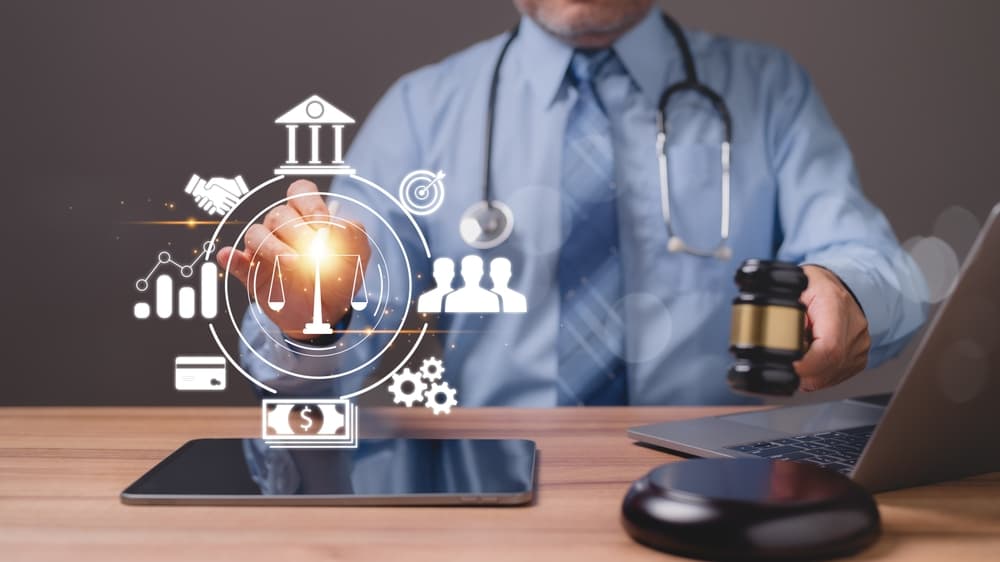 A lawyer diligently pursues a medical malpractice lawsuit against a hospital, navigating complex healthcare laws and digital records to secure justice for the client.