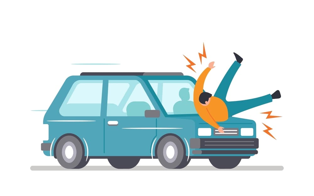 A car collided with a pedestrian on the road in the city, illustrating the concept of an accident involving both a vehicle and a person. This cartoon vector serves to raise awareness about road safety and the need for responsible driving behavior.