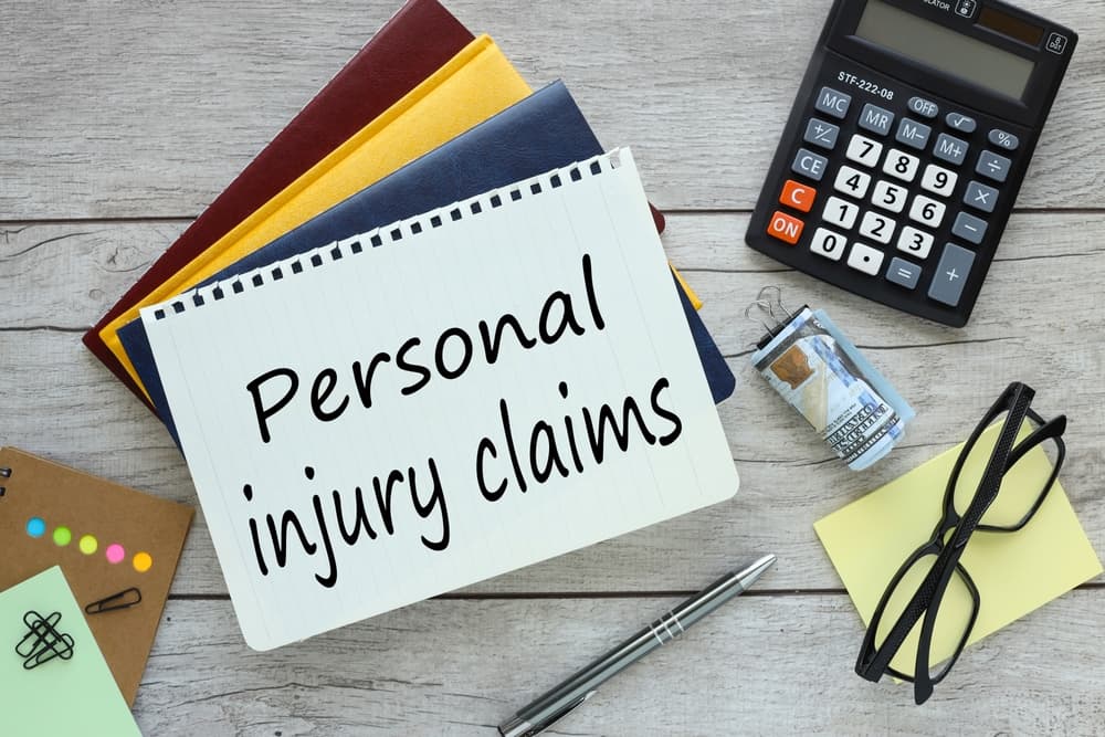 Three notepads displaying the text "Personal Injury Claims" are arranged in an overhead view. Adjacent to them lies a calculator and a pair of glasses placed on a yellow sticker.






