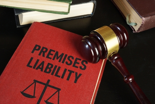 Red book titled "Premises Liability" with a gavel resting on top, surrounded by other legal books.