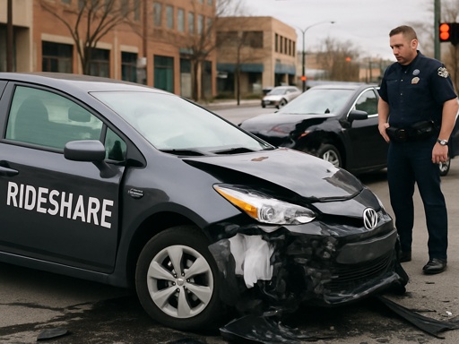 Police officer inspecting damaged rideshare car after a collision at an intersection with another vehicle.
