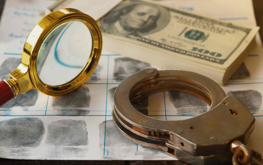 Magnifying glass, handcuffs, fingerprint sheet, and cash symbolizing criminal investigation and bail process.