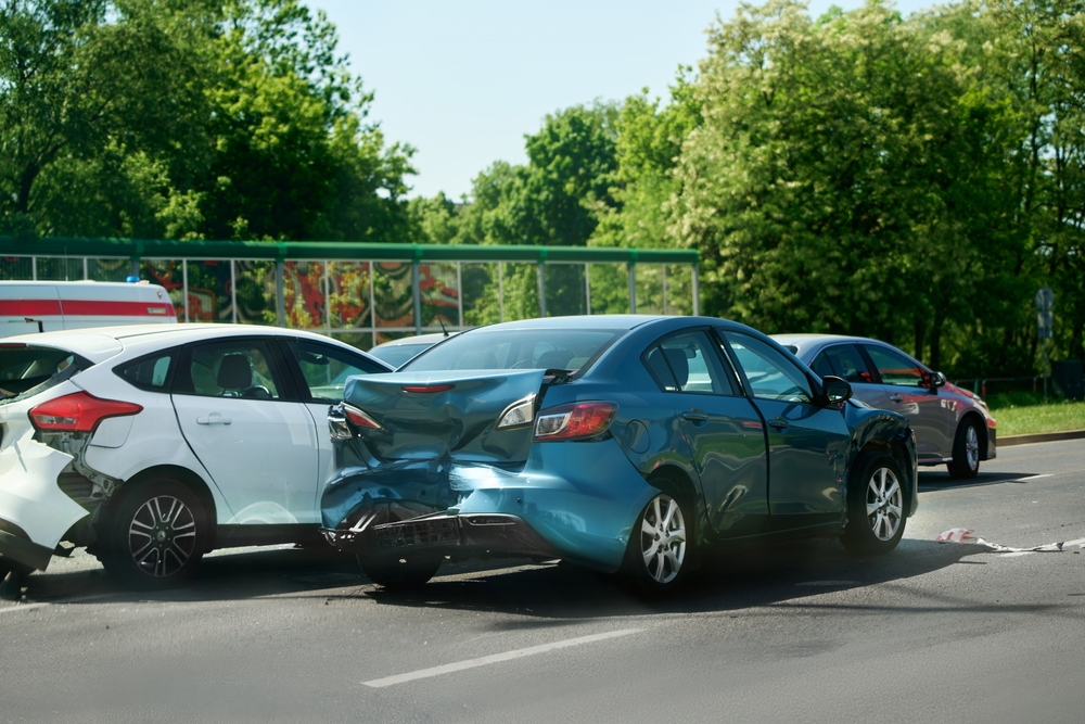Connecticut car accident lawyer handling a rear-end collision case involving multiple vehicles on a Connecticut roadway.