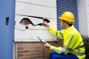 Property inspector investigates damage to the exterior of a residential building
